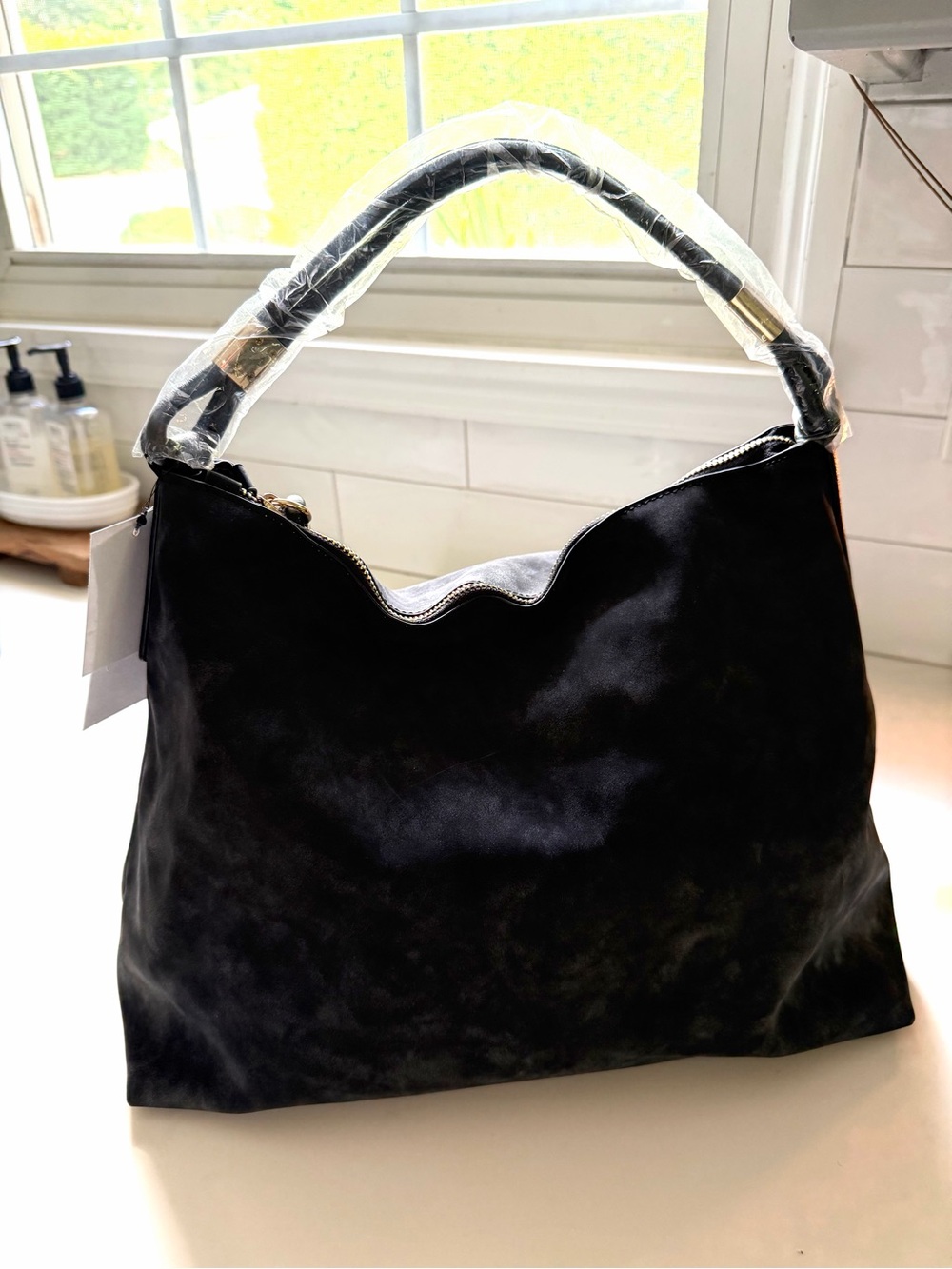 JUST FAB•black slouchy suede hobo large bag NWT